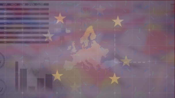 Animatie Van Diverse Financiële Gegevens Grafieken Vlag Kaart Van Europese — Stockvideo