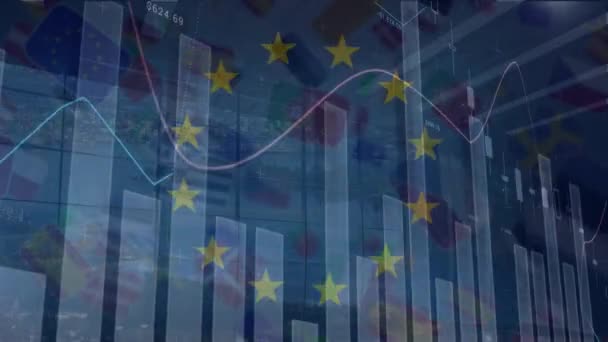 Animación Diversos Datos Financieros Gráficos Sobre Bandera Unión Europea Banderas — Vídeos de Stock