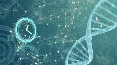 Hareket halindeki saat ve DNA 'nın yeşil arkaplandaki bağlantı ağının üzerinden geçirilmesi. küresel teknoloji ve bağlantılar konsepti dijital olarak oluşturulmuş video.