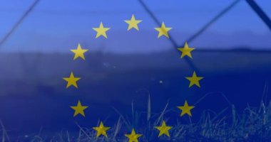 Sütunların üzerindeki bayrak animasyonu. Ukrayna krizi ve uluslararası politika kavramı dijital olarak oluşturuldu.