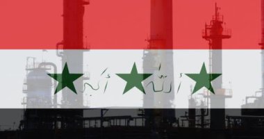 Fabrika üzerinde Irak bayrağı animasyonu. Ukrayna krizi ve uluslararası politika kavramı dijital olarak oluşturuldu.