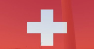 Rüzgâr türbininin üzerinde İsviçre bayrağı animasyonu. Ukrayna krizi ve uluslararası politika kavramı dijital olarak oluşturuldu.