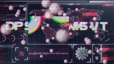 Dünya haritası üzerinde veri işleme ile covid 19 metin ve hücrelerin animasyonu. küresel covid 19 salgın ve veri işleme konsepti dijital olarak oluşturulmuş video.