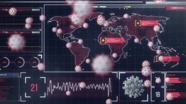 Dünya haritasında covid 19 hücre ve veri işleme animasyonu. küresel covid 19 salgın ve veri işleme konsepti dijital olarak oluşturulmuş video.