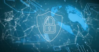 Bağlantılar, dünya ve veri işleme ağı olan çevrimiçi güvenlik asma kilit simgesinin animasyonu. küresel çevrimiçi güvenlik, dijital arayüz ve dijital olarak oluşturulmuş video işleme kavramı.