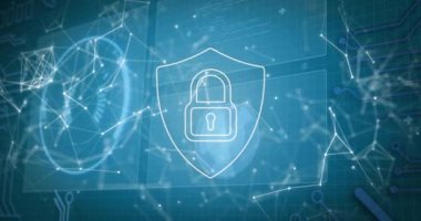 Çevrimiçi güvenlik asma kilit simgesinin bağlantı ağı ve tarama alanı ile animasyonu. küresel çevrimiçi güvenlik, ağlar, dijital arayüz ve dijital olarak oluşturulan veri işleme kavramı.