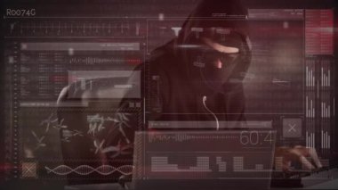 Kafkas erkek bilgisayar korsanının laptopla kar maskesi giydiği veri işleme animasyonu. küresel çevrimiçi güvenlik, siber suç ve veri işleme kavramı dijital olarak oluşturulmuş video.