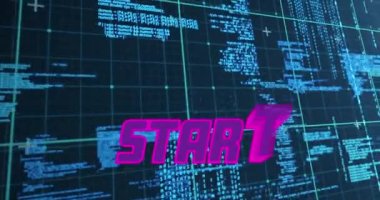 Veri işleme ile siyah arkaplan üzerinde başlangıç animasyonu. Video oyunları, eğlence ve dijital arayüz kavramı dijital olarak oluşturuldu.