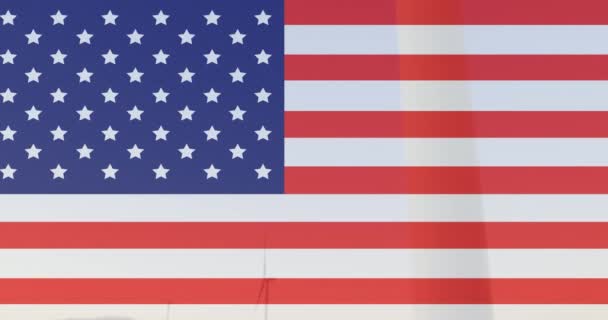 Animation Usa Flagga Över Vindkraftverk Ukrainska Krisen Och Internationell Politik — Stockvideo