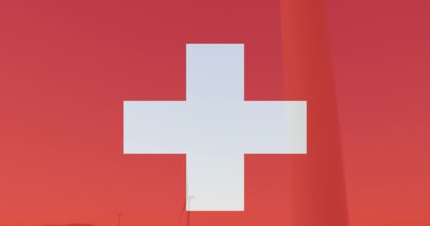 Animación Bandera Suiza Sobre Turbina Eólica Crisis Ucraniana Política Internacional — Vídeo de stock