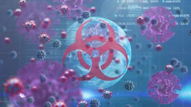 Animatie Van Covid Cellen Gegevensverwerking Hele Wereld Biohazard Symbool Globaal — Stockvideo