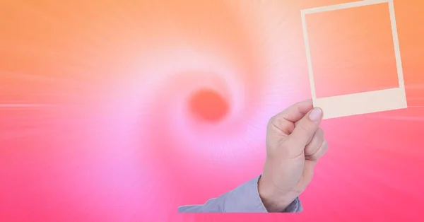 Close Hand Holding Polaroid Pink Orange Gradient Background Photography Concept — Stock Photo, Image