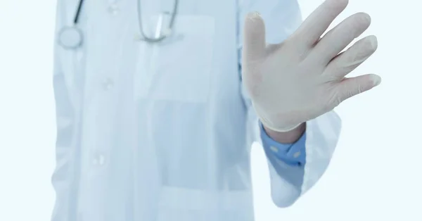 Doktorun Görünmeyen Bir Ekrana Dokunduğu Orta Bölüm Beyaz Arkaplanda Fotokopi — Stok fotoğraf