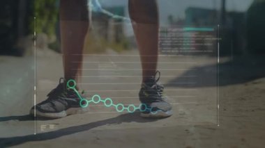 DNA iplikçiklerinin dönüşünün animasyonu ve koşan ayakkabılı Afrikalı Amerikalı bir adamın veri işlemesi. global spor, aktif yaşam tarzı ve veri işleme kavramı dijital olarak oluşturulmuş video.