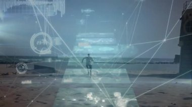 Afrikalı Amerikalı bir adamın koşması üzerine bağlantı ve veri işleme ağının animasyonu. global spor, aktif yaşam tarzı ve veri işleme kavramı dijital olarak oluşturulmuş video.