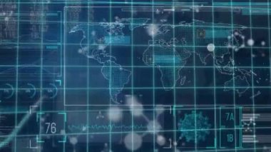 Dünya haritasında covid 19 hücre ve veri işleme animasyonu. küresel covid 19 salgın ve veri işleme konsepti dijital olarak oluşturulmuş video.