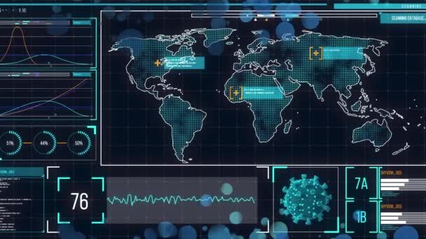 Animatie Van Covid Cel Gegevensverwerking Wereldkaart Globaal Covid Pandemisch Gegevensverwerkingsconcept — Stockvideo