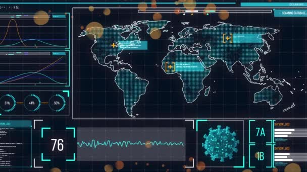 Animatie Van Covid Cel Gegevensverwerking Wereldkaart Globaal Covid Pandemisch Gegevensverwerkingsconcept — Stockvideo