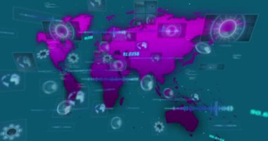 Mavi arkaplanda veri işleme animasyonu. küresel iş ve dijital arayüz kavramı dijital olarak oluşturulmuş video.