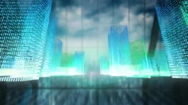 Dijital şehrin şehir manzarası üzerindeki animasyonu. küresel iş ve dijital arayüz kavramı dijital olarak oluşturulmuş video.