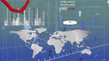 Mavi arka plandaki oklar üzerinden finansal veri işleme animasyonu. küresel teknoloji, dijital arayüz ve ağ konsepti dijital olarak oluşturulmuş video.