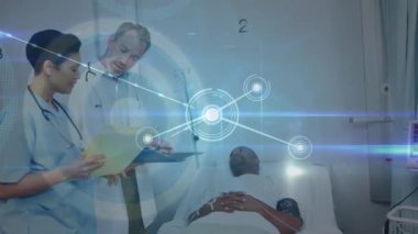 Çeşitli doktor ve hastalar arasındaki bağlantı ağının animasyonu. küresel sağlık, sağlık ve bağlantılar konsepti dijital olarak oluşturulmuş video.
