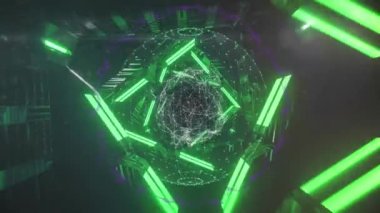 Animation of rotating diverse neon lights, globe and network of connections. colour, movement, communication and technology concept digitally generated video.