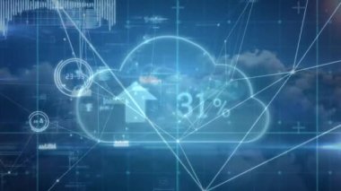 Animation of network of connections with diverse data and cloud with uploading over cloudy sky. global connections, cloud computing, data processing and technology concept digitally generated video.