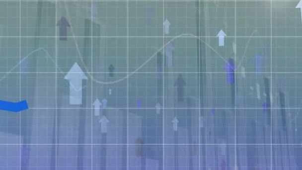 Animación Del Procesamiento Datos Financieros Sobre Flechas Sobre Fondo Azul — Vídeo de stock