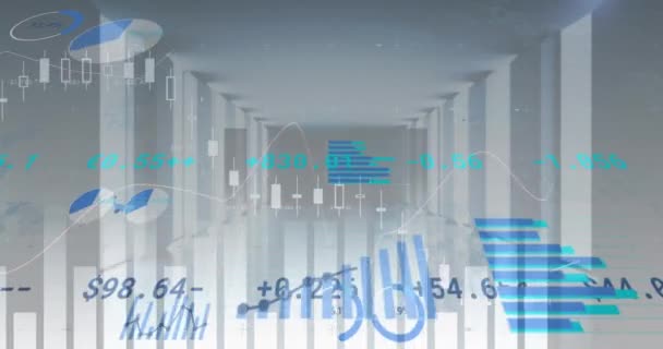 Анімація Обробки Фінансових Даних Фондового Ринку Над Серверною Кімнатою Глобальний — стокове відео