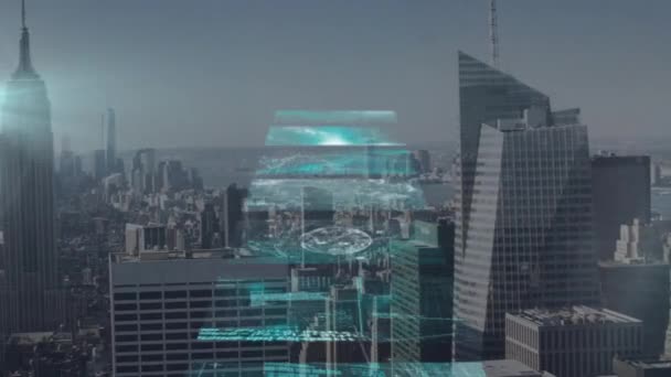 Animering Databehandling Över Stadsbilden Globalt Affärs Och Digitalt Gränssnittskoncept Digitalt — Stockvideo