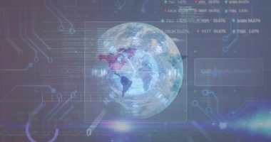 Dünya üzerinde çeşitli veri işleme animasyonları. küresel bağlantılar, teknoloji ve dijital arayüz konsepti dijital olarak oluşturulmuş video.