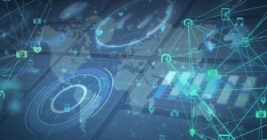 Dünya haritası ve işleme çemberi üzerindeki bağlantı ağının animasyonu. küresel bağlantılar, teknoloji ve dijital arayüz konsepti dijital olarak oluşturulmuş video.