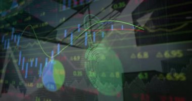 Mimarinin üzerinde parmak izi olan finansal verilerin, grafiklerin ve asma kilidin animasyonu. küresel finans, ekonomi, iş dünyası, güvenlik ve teknoloji konsepti dijital olarak oluşturulmuş video.