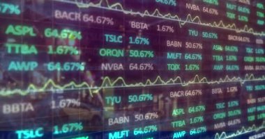 Şehirdeki finansal verilerin ve grafiklerin animasyonu. küresel finans, ekonomi, iş ve teknoloji kavramı dijital olarak oluşturulmuş video.