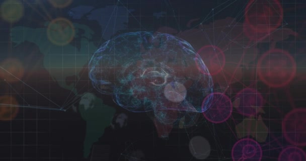 Animación Del Cerebro Giratorio Con Conexiones Través Mapas Del Mundo — Vídeo de stock