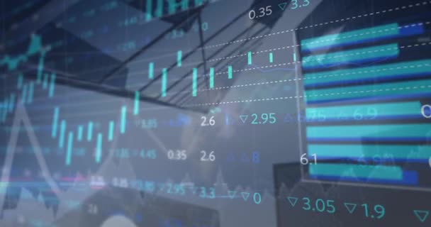 Animación Datos Financieros Gráficos Sobre Arquitectura Finanzas Globales Economía Negocios — Vídeo de stock