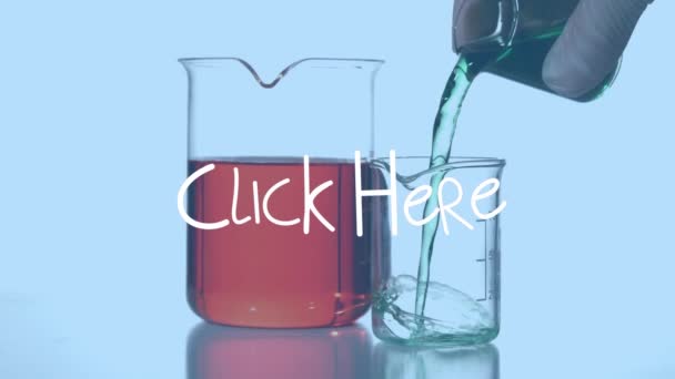 Animation Click Here Lab Glasses Reagent Blue Background Science Chemistry — Vídeos de Stock