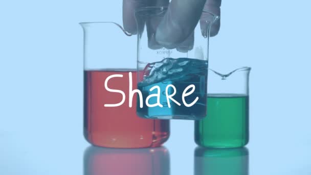 Animace Sdílení Přes Laboratorní Brýle Činidly Modrém Pozadí Věda Chemie — Stock video
