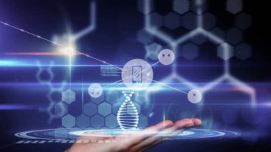 DNA ipliği ve kara arkaplanda veri işleme üzerinden bağlantı ağının animasyonu. küresel bağlantılar, bilgisayar ve dijital arayüz konsepti dijital olarak oluşturulmuş video.