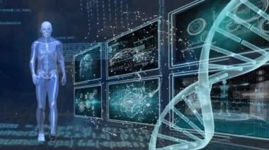 DNA ipliği ve kara arkaplanda veri işleme üzerinden bağlantı ağının animasyonu. küresel bağlantılar, bilgisayar ve dijital arayüz konsepti dijital olarak oluşturulmuş video.