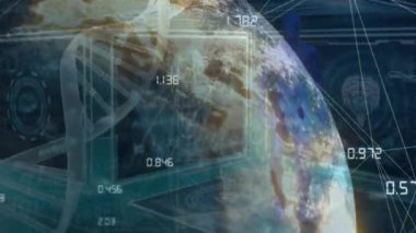 Bağlantılar ağının animasyonu ve dünya üzerinde veri işleme ile DNA ipliği. küresel bağlantılar, bilgisayar ve dijital arayüz konsepti dijital olarak oluşturulmuş video.