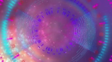 Mor arkaplandaki ışık noktalarının üzerindeki renkli dairelerin ve şekillerin animasyonu. soyut arkaplan ve dijital arayüz kavramı dijital olarak oluşturulmuş video.