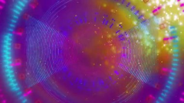 Mor arkaplandaki ışık noktalarının üzerindeki renkli dairelerin ve şekillerin animasyonu. soyut arkaplan ve dijital arayüz kavramı dijital olarak oluşturulmuş video.