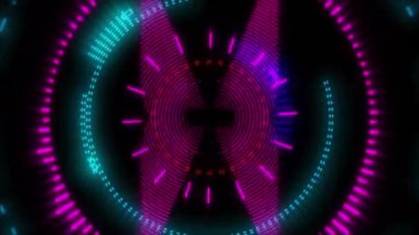 Siyah arkaplanda renkli dairelerin ve şekillerin canlandırılması. soyut arkaplan ve dijital arayüz kavramı dijital olarak oluşturulmuş video.