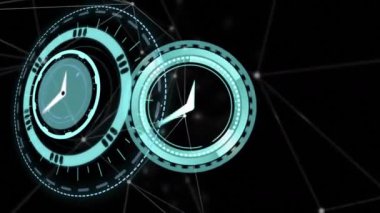 Hareket eden saat ve teleskopun animasyonu siyah arkaplandaki bağlantı ağı üzerinden taranıyor. küresel teknoloji ve bağlantılar konsepti dijital olarak oluşturulmuş video.