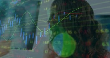 Animation of financial data processing and biometric padlock over caucasian female doctor. global medicine, healthcare services and data processing concept digitally generated video.