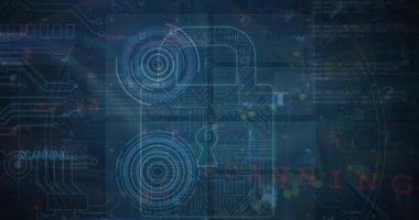 Veri işleme animasyonu, çevrimiçi güvenlik kilidi ve devre kartı. küresel çevrimiçi güvenlik, bilgisayar, veri işleme ve teknoloji konsepti dijital olarak oluşturulmuş vide