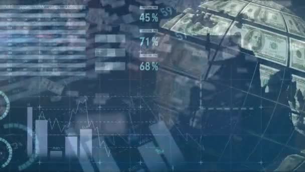 Animación Procesamiento Datos Globo Sobre Fondo Azul Conexiones Globales Computación — Vídeo de stock