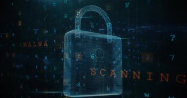 Veri işleme animasyonu, çevrimiçi güvenlik kilidi ve devre kartı. küresel çevrimiçi güvenlik, bilgisayar, veri işleme ve teknoloji konsepti dijital olarak oluşturulmuş vide